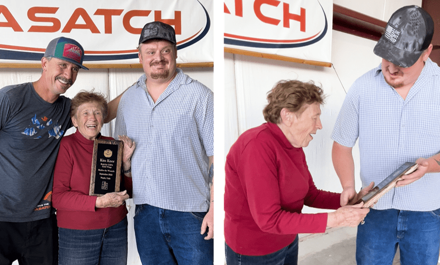 Wyatt Penrod of Pinnacle Laser Engraving presents Kim Knor with Plaque (with Leon Roullard at Skydive the Wasatch)